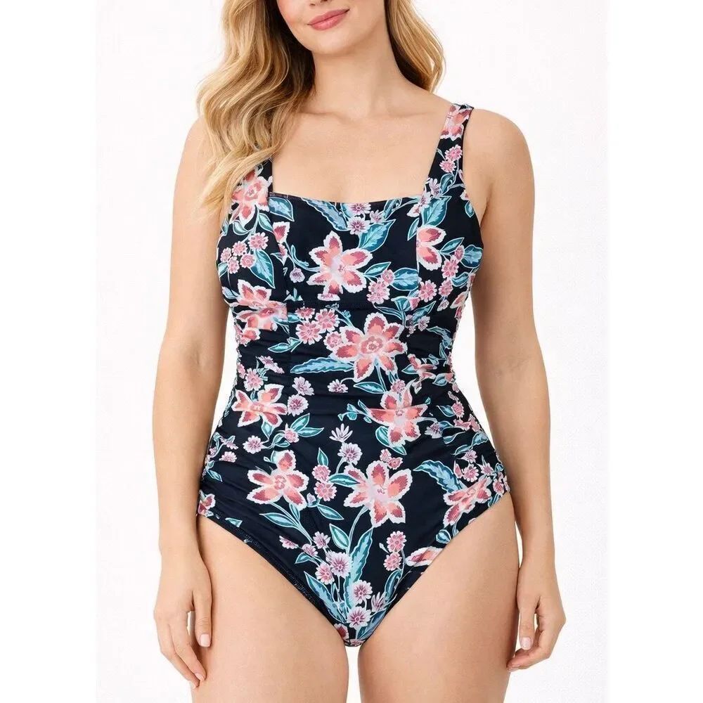 Old navy black floral ruched square neck one piece swimsuit medium